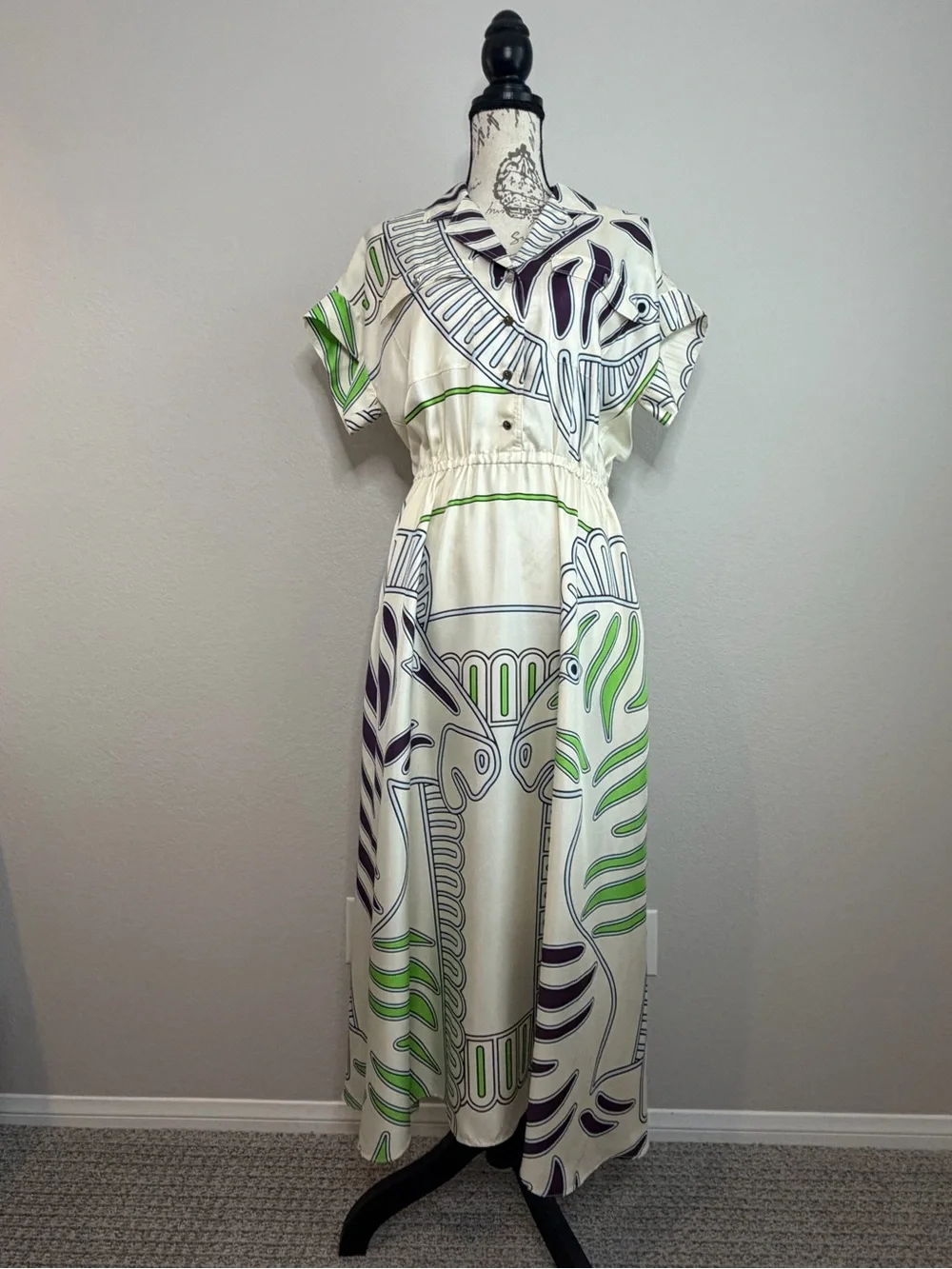 Tory Burch Printed Silk Twill Shirtdress Ivory Zebra Motif Midi Dress Sz 8